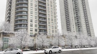 Downtown Mississauga City streets Walk  Snowfall in March [upl. by Shane]