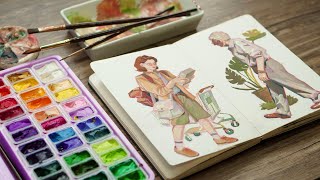 Paint with me using HIMI gouache  Painting over my pen sketches 24 [upl. by Yeniar]