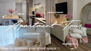 FURNISHED APARTMENT TOUR 485sqft 🎀🪞 how to decorate amp organize small space pinterest inspired [upl. by Adnihc]