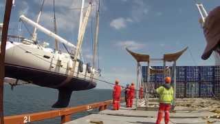 Oyster 655 quotRESTLESSquot offloading Sevenstar Yacht Transport Newport RI [upl. by Solitta]