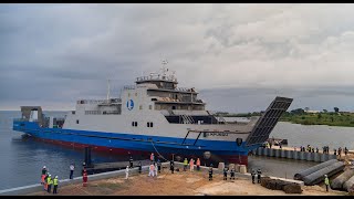 SECO Marine U Ltd  MV Mpungu 96 Meter RoPax Ferry Launch Trailer with Crowd [upl. by Anileda]