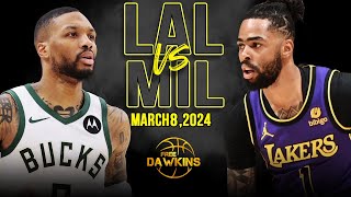 Los Angeles Lakers vs Milwaukee Bucks Full Game Highlights  March 8 2024  FreeDawkins [upl. by Weikert]