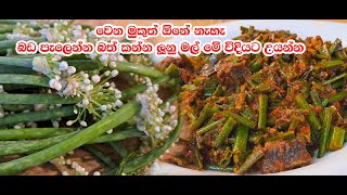 ලූනු මල් මඩු කරවල එක්ක තෙල් දාමු  Lunu Mal Madu karawala thelata  Tempered Spring Onions Flowers [upl. by Lad650]