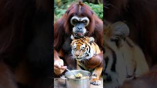 Orangutan hugs tiger cub and eats hot pot together [upl. by Fattal829]