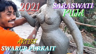 SARASWATI MURTI MAKING VIDEO IN RAYNAGAR  SARASWATI PUJA 2021  SARASWATI THAKUR BANANO [upl. by Darleen]