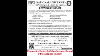 FAST University Islamabad Jobs October 2024 Apply Online Teaching Faculty Latest [upl. by Relyks]