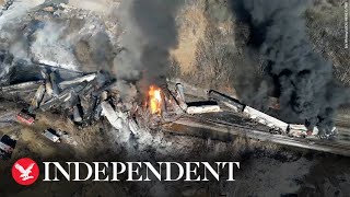 Drone footage shows scale of Ohio train derailment as fears of explosion grow [upl. by Debbi184]