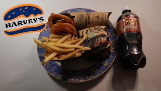 HARVEYS ANGUS BURGER WCHEESE amp BACON FRINGS APPLE PIE amp MUG ROOT BEER ASMR MUKBANG [upl. by Avivah]