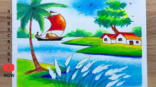 শরৎকালের দৃশ্য ড্রয়িংAutumn scenery drawingvillage scenery drawing with colour pencil and pastel [upl. by Aled]