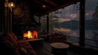 Rain on Porch with Cozy Fireplace in Cozy Cabin  Sitting and Listen to the rain to Fall Asleep [upl. by Hepzi]