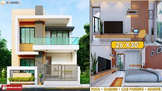 HOME DESIGN 3D  26x30  BUDGET 1518 LAKH  TERRACE GARDEN  SWIMMING POOL  PARKING  TEMPLE [upl. by Keldon]