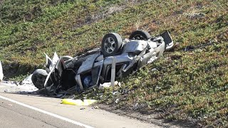 Driver Killed After Car Flies Off Freeway Bridge [upl. by Iamhaj662]