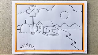 Village Scenery Drawing with Painting 🧡🧡🧡 Bangla VoiceTutorial [upl. by Attennot]