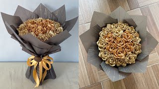 DIY  How to Make a Bouquet of Roses from Satin Ribbons Easy  Wrapping a Round Flower Bouquet [upl. by Lorenz475]