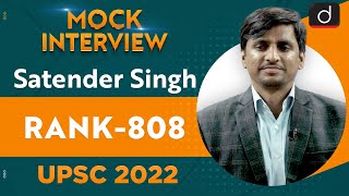 Satender Singh Rank 808  UPSC CSE 2022  English Medium  Mock Interview  Drishti IAS English [upl. by Ellemaj268]