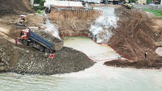 Incredible skill of dumping Rock Into Deep Water By Dump Trucks and KAMATSU Dozer D31P [upl. by Largent504]