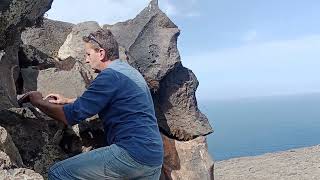 ROCK ART Mario demonstrates the properties of Phonolite Soundstone on El Hierro Island [upl. by Llerat712]