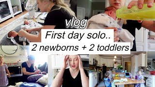 first day alone with newborns  twin mom first day solo [upl. by Yetac]