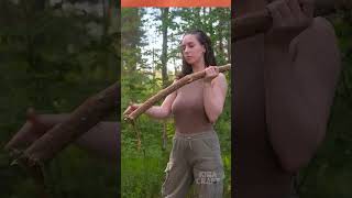 Kira show us how to use and axe correctly 😯 bushcraft survival bushcrafttools [upl. by Nerot]