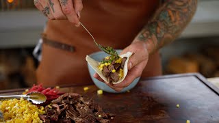 Crosscut blade steak tacos with chimichurri recipe  James Smith The Tattooed Butcher [upl. by Aenaj]