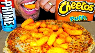 dominos extra cheese pizza cheetos puffs prime energy drink asmr mukbang no talking big bites jerry [upl. by Yarw]