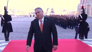 This is how Hungarys Viktor Orbán greeted journalists in Versailles [upl. by Eelarac297]