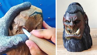 Wood Carving ORC WARRIOR Sculpting an Orc out of wood by hand  WOOD ART [upl. by Keg]