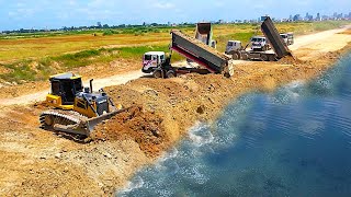 Wonderful Powerful Shantui Dh17c3 Bulldozer Filling up land into water and Heavy Dump truck team [upl. by Eusadnilem532]