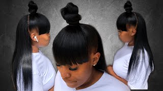 HalfUp HalfDown Quickweave with Top Knot Bun with Faux Bangs [upl. by Renaud]