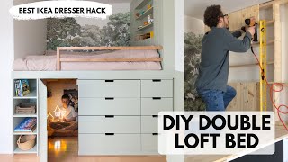 DIY Double Loft Bed with Hidden Hideout  Ikea Dresser Hack [upl. by Aleiram62]