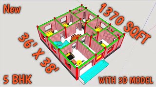 5 Bhk House  36 x 38  1370 Sqft House Plan  5 Marla Plan  3d Home [upl. by Bandur]