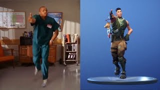 Fortnite Default Dances Synced with Poison Dance from Scrubs Dance Moves Origin [upl. by Merlin]