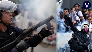 Militares venezolanos lanzan gases lacrimógenos para dispersar las protestas en Caracas [upl. by Yellek856]