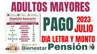 🔔quotPAGO JULIO ADULTOS MAYORESquot📅 Dia Letra y Monto DEPÓSITO Pensión Bienestar💰Dispersión Bancaria YA [upl. by Godart]