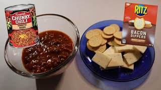 CAMPBELLS CHUNKY CHILI HOMESTYLE amp RITZ BACON DIPPERS SMOKY BACON WITH CHEESE ASMR MUKBANG [upl. by Hebrew]