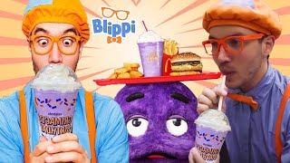 Tag with Ryan and Blippi Fun World Try Grimace Shake Challenge in Real Life [upl. by Amitaf]