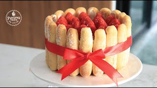 Eggless Strawberry Charlotte Cake from Scratch [upl. by Alusru]