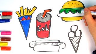 Drawing Fast Food  Coloring Hamburger Fries Hotdog and Ice cream [upl. by Dnalyar]