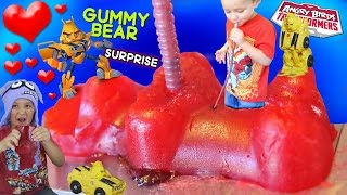 Kid Drinks Jelly from Giant Gummy Bear  Valentines Day Angry Birds Transformers Surprise Part 2 [upl. by Ahsilahs]