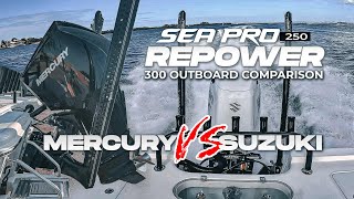 Mercury VS Suzuki 300 Sea Pro 250 Bay Boat Repower Outboard Engine Comparison Water Test and Results [upl. by Airamalegna]