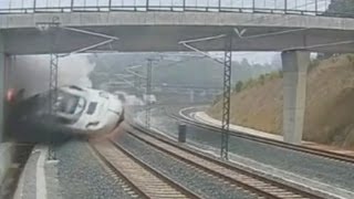 The moment of impact Terrifying CCTV of Spain train crash near Santiago de Compostela [upl. by Adnohrahs]