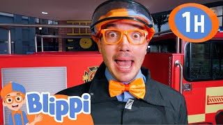 Firefighter Blippi Explores a Fire Truck and Teaches Fire Safety  1 HOUR OF BLIPPI TOYS [upl. by Enilarac]