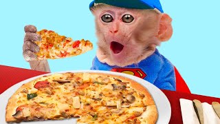 Baby Monkey BiBi order pizza and eat with friends at the park Coco Monkey [upl. by Komarek]