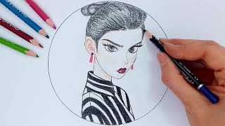 How to draw a girl with striped blouse and tied hair [upl. by Nanor]