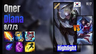 Oner Mid Diana vs Ahri lol KR solo rank Highlight 1417 [upl. by Horace783]