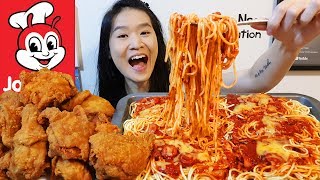 JOLLIBEE FEAST Giant Spaghetti Platter amp Spicy Chicken Joy  Fried Chicken Mukbang w Eating Sounds [upl. by Elsey]