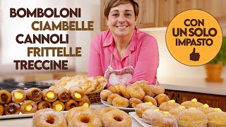 Bomboloni Ciambelle Cannoli Treccine e Frittelle CON UN SOLO IMPASTO  5 DOLCI LIEVITATI FRITTI [upl. by Sibylla565]