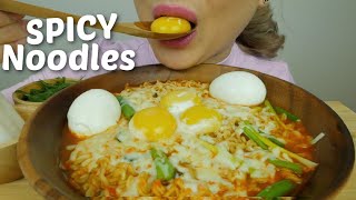 CHEESY SPICY KOREAN Noodles with SOFT BOILED EGGS NO Talking Eating Sounds  NE Lets Eat [upl. by Rimidalb]