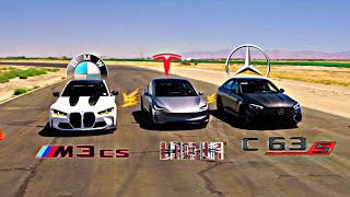 BMW M3 CS vs Mercedes Benz AMG C63 SE Performance VS Tesla model 3 Performance Hagerty bmw race [upl. by Emyam]