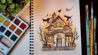 Halloween 🎃 Sketching with Watercolor  How to Sketch Urban Art with Watercolor  Sketching Video [upl. by Adnamor440]